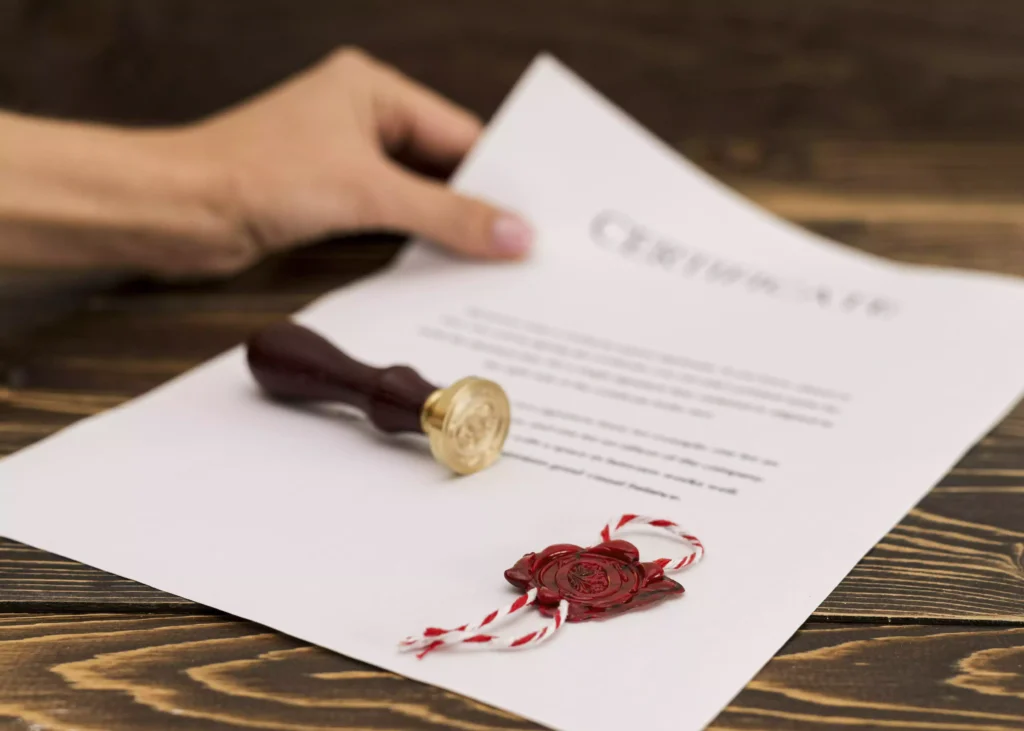 Documento com selo de cera vermelha e carimbo, representando certificado de conclusão.
