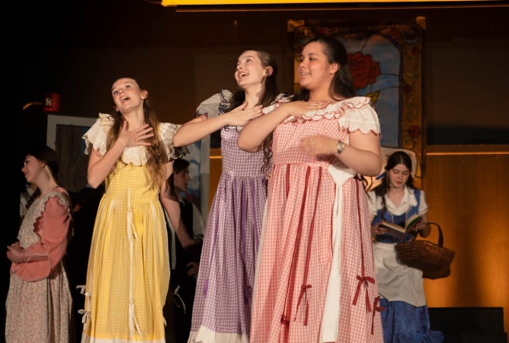 Students singing characterized as characters fairy tale during a school musical performance, highlighting vocal talent and artistic expression.